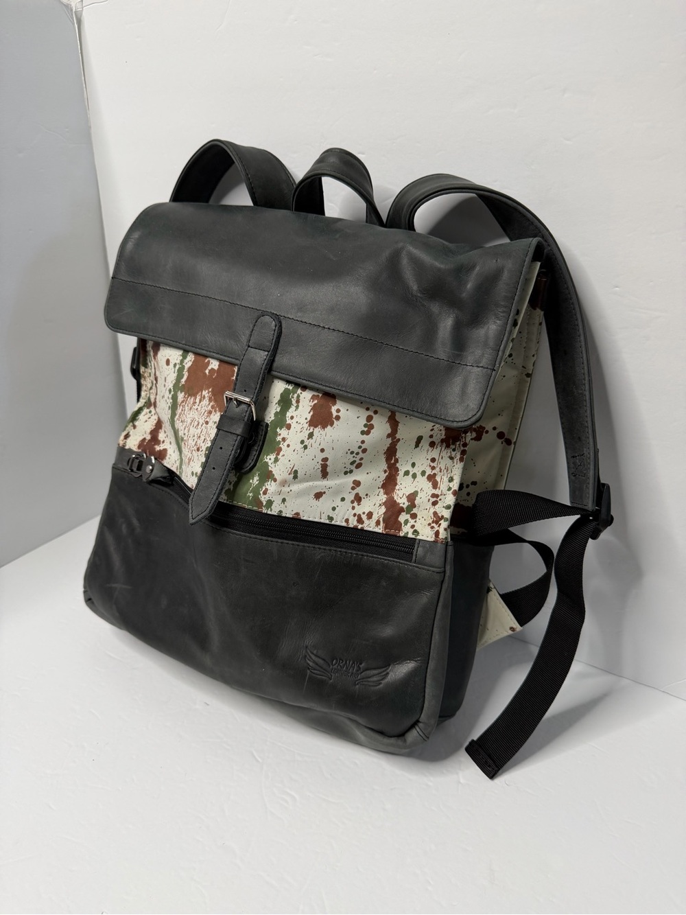 Orna’s Black Leather Backpack with Green & Brown Splatter Canvas